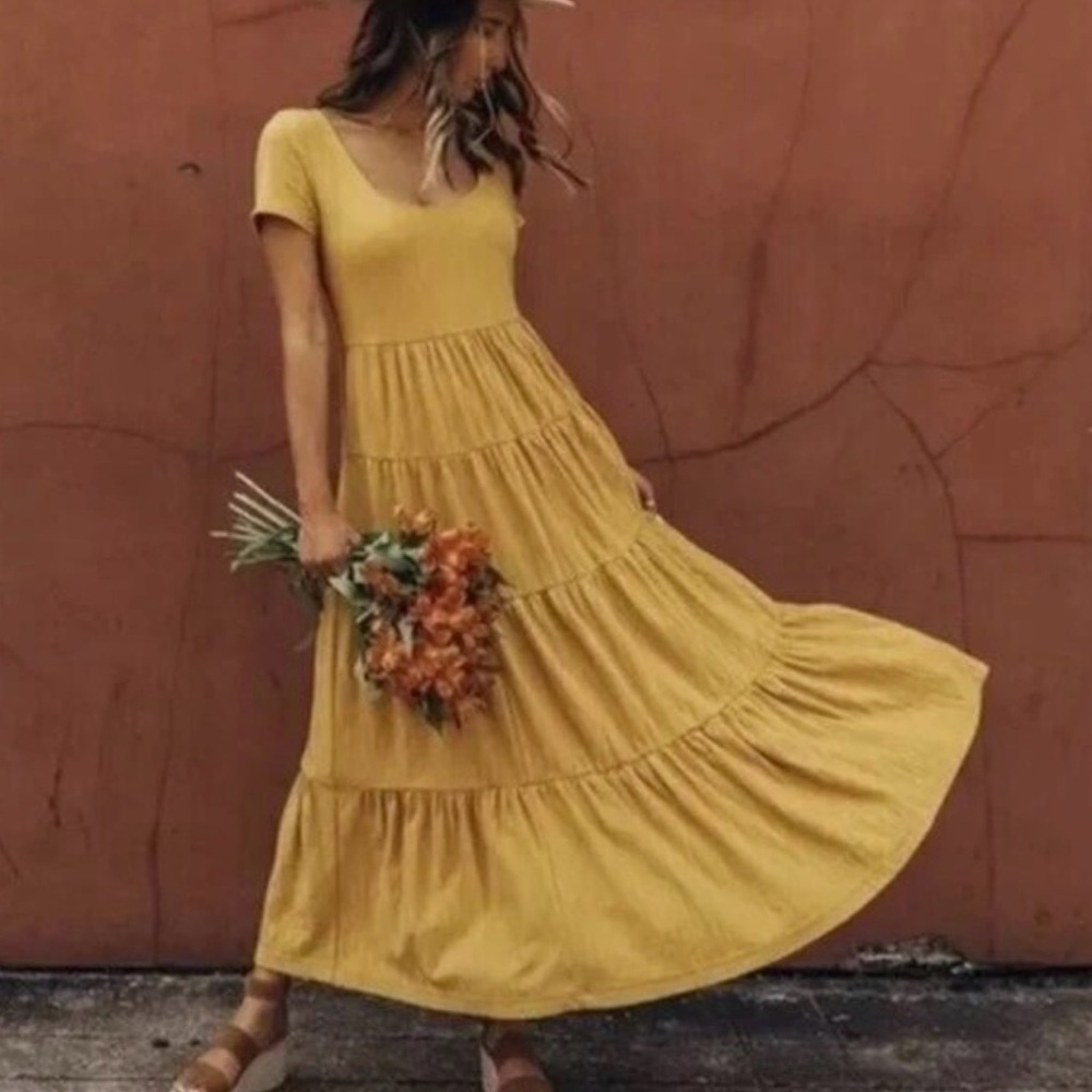 Maeve Anthropologie Mustard Tiered Maxi Dress XS Cotton Stretch 34” Bust‎